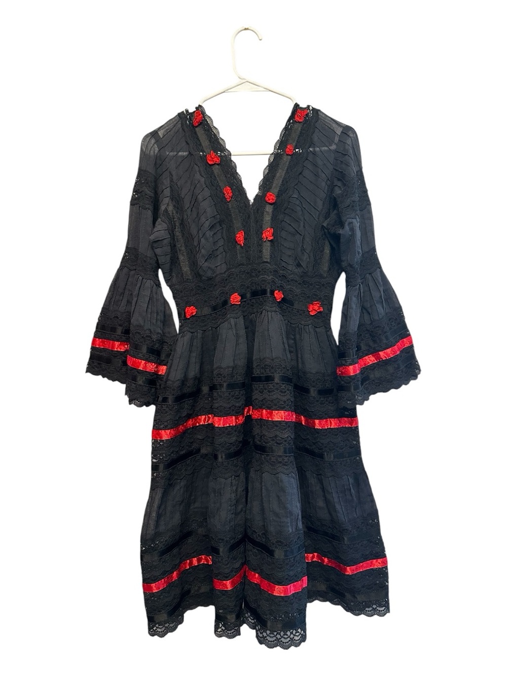 Vintage No Brand Mexican Style Black Lace Midi Dress with Red Ribbon Accents XS